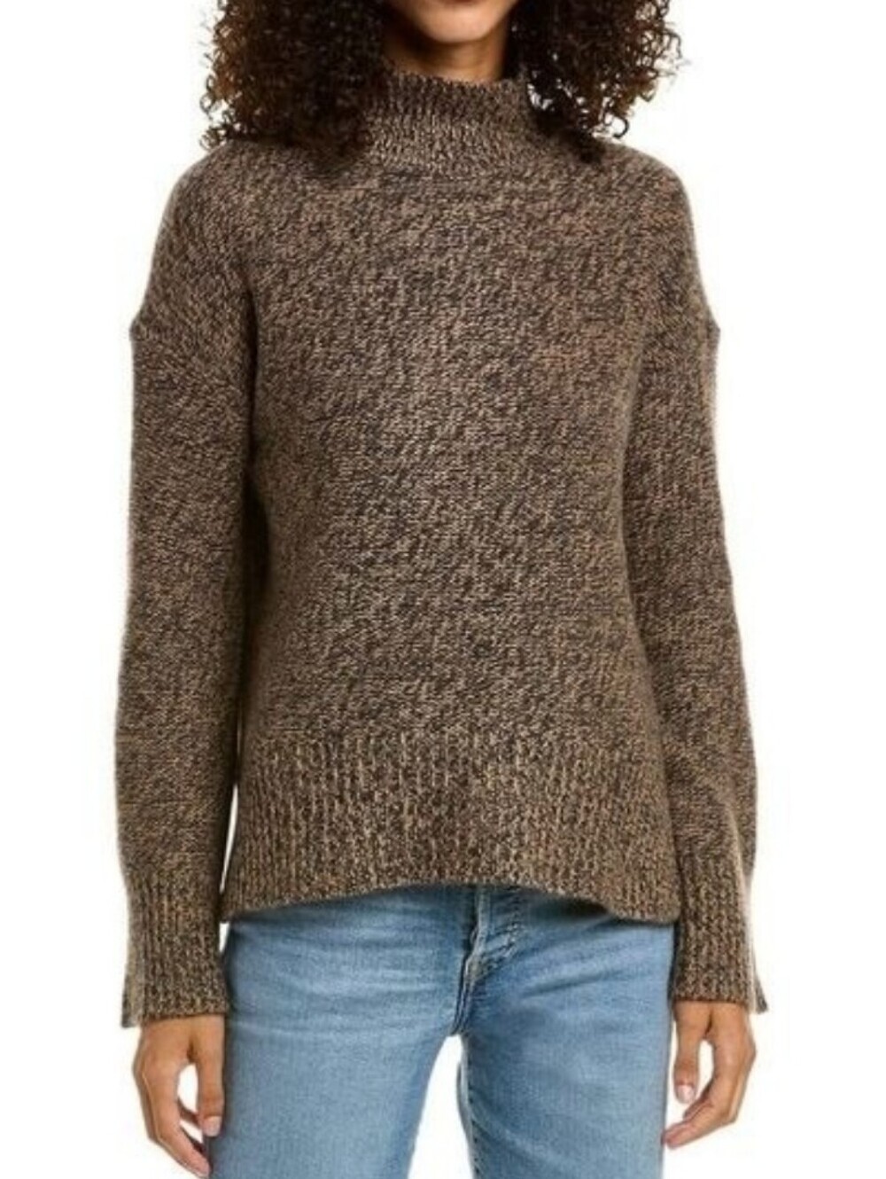 Theory Karenia Marled Brown Mock Neck Cashmere Sweater Sz L Minimalist OldMoney
